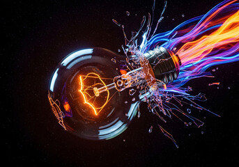 Exploding light bulb with fiery energy and glass fragments