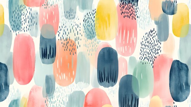 Watercolor abstract painting features overlapping, irregular dark and light oval shapes with scattered dots on a...