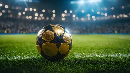 Fototapeta premium A vibrant shot of a soccer ball resting on green grass, illuminated by stadium lights. The perfect image to capture the excitement and energy of a competitive sporting event.