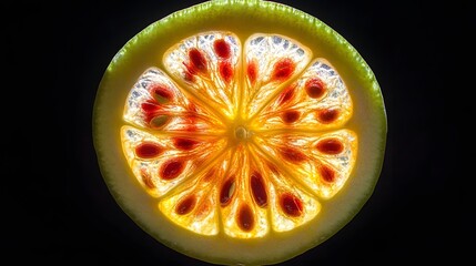 Digital illustration of a vibrant, radial fruit section featuring numerous bright orange-red vesicles and delicate,...