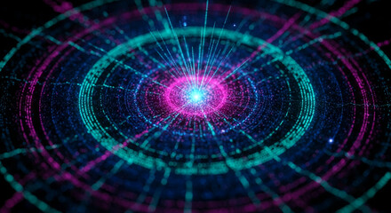 Abstract image of glowing teal and magenta particles forming concentric circles and radiating lines, creating a dynamic and energetic visual, representative of technology, innovation, or cosmic energy