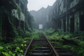 Fototapeta premium Cinematic urban decay scene of a fog-covered railway amidst overgrown vegetation