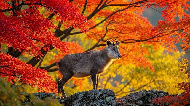 A Japanese serow stands on a rocky outcrop surrounded by vibrant red and orange autumn maple leaves. Beautiful wildlife scene in a Japanese forest during fall.