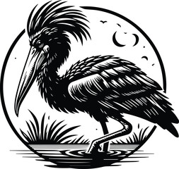 Stylized Black and White Heron in Water