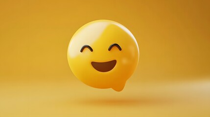 3D render of a smiling, translucent yellow speech bubble emoji on a solid yellow background.
