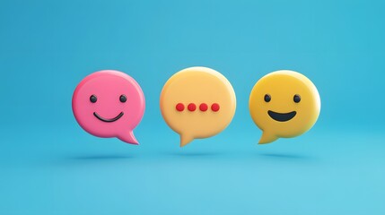 3D render of three smiling, cartoon speech bubbles floating on a blue background.
