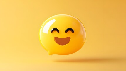 3D render of a bright yellow, smiling speech bubble icon against a solid yellow background.