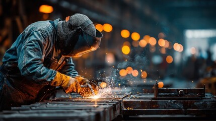 Welder works with metal using a welding machine, sparks fly around. Use for industry, construction, or manufacturing related content.
