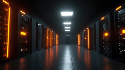 Dark-themed server room interior lit with LED indicators symbolizing data exchange