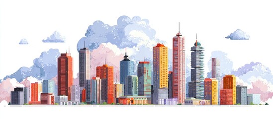 A stylized cityscape with a variety of colorful skyscrapers under a partly cloudy sky