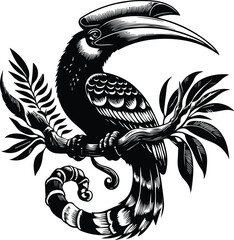 Stylized Black and White Hornbill Perched on Branch