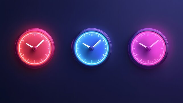 3D render of colorful clocks against a dark blue background, displaying time.