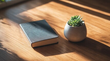 Minimalist workspace featuring a closed notebook and a tiny succulent in a white ceramic pot, illuminated by warm afternoon light