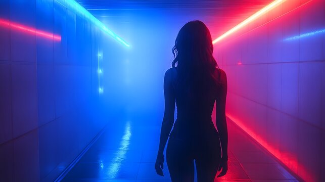 The silhouette of a woman standing confidently in a brightly lit hallway, bathed in the glow of red and blue neon lights creating a futuristic atmosphere. - Powered by Adobe