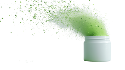 White Jar with Flowing Green Powder Explosion on Transparent Background