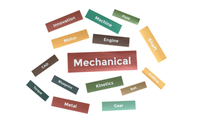 Mechanical Engineering Word Cloud PNG – Paper Cutout Style for Machines and Design