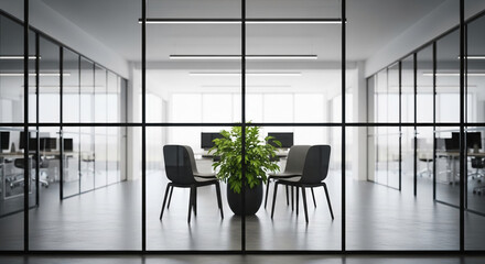 View through glass partition of modern office space, showing chairs and plant, symbolizing productivity, collaboration, and contemporary design, ideal for business concepts