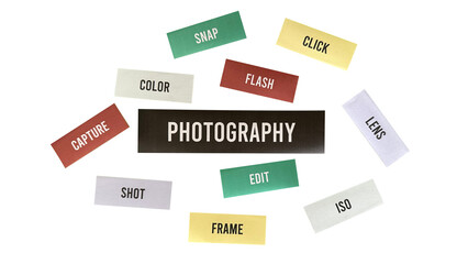 Photography Word Collage PNG – Creative Paper Cutout Style for Visual Artists