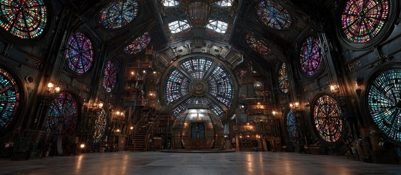 A grand, dimly lit hall features numerous large, ornate stained-glass windows in vibrant colors, intricate metalwork, and a high, vaulted ceiling - Powered by Adobe