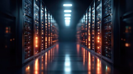 Server racks glowing with blue lights in high-security digital business infrastructure room