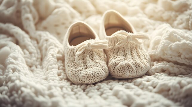 Photograph of knitted baby shoes rest on a textured cream-colored blanket.