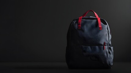 Photograph of a black backpack with red straps against a dark background.