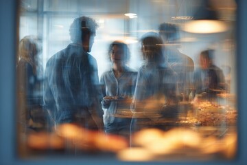Group of people at a buffet, seen through a glass wall or window. Use this for portraying team building or a company event subtly.