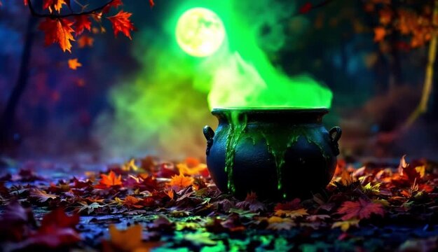 Mystical Halloween night cauldron bubbling with green potion in autumn forest