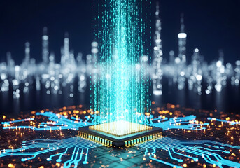 Futuristic CPU processing data streams over a city skyline