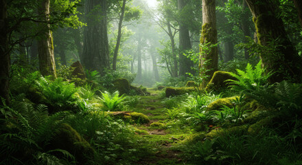 Fototapeta premium Lush ancient forest with a winding mossy path vibrant ferns and misty sunlight.