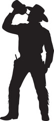 Black Silhouette of a Cowboy Tilting Back a Canteen to Drink, Isolated on White Background