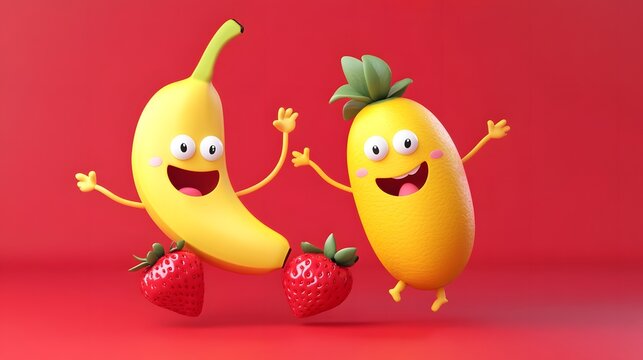 3D render of two smiling cartoon bananas and a strawberry jumping on a red background. - Powered by Adobe