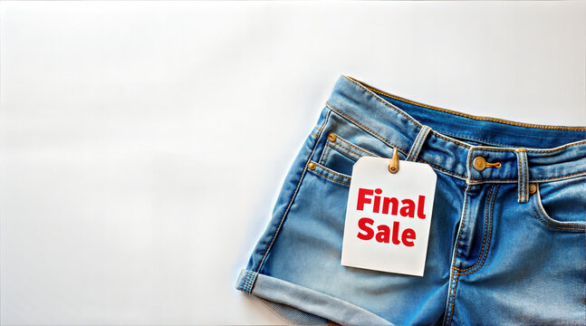 Denim shorts with final sale tag on white background   - Powered by Adobe