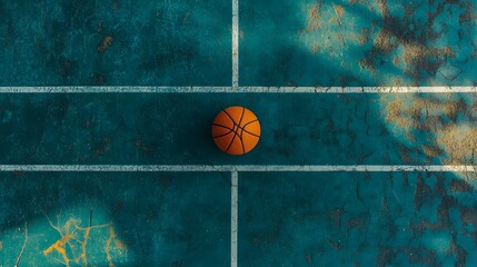 Digital illustration of a basketball centered on a textured teal court with white lines.