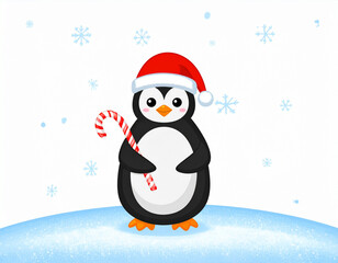 Festive Penguin in Santa Hat Holding Candy Cane, Front View, Minimal Snow Drift, Isolated on White
