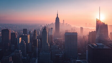 A hazy sunrise bathes a dense cityscape in warm, muted hues, with iconic skyscrapers silhouetted against a vibrant, colorful sky