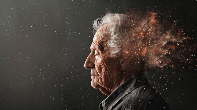 Memory loss due to dementia. Senior man losing parts of head as symbol of decreased mind function.