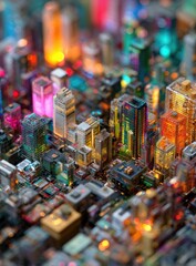 Obraz premium A vibrant, miniature cityscape at night, glowing with multicolored lights and intricate, blocky architecture, viewed from a high angle