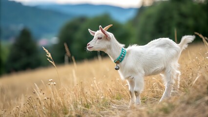 Obraz premium A young white goat with a blue collar and bell stands looking left in a wide sunlit golden field of dry grass.