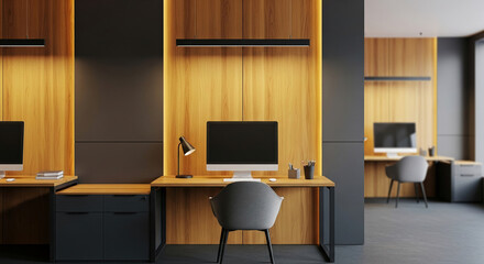 Modern office workspace mockup, featuring a wooden desk, gray chair, computer, and desk lamp against a dark gray and wood-paneled wall, showcasing minimalist design and functionality