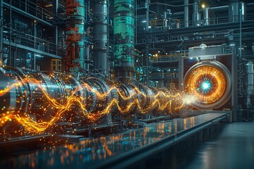 Particle collision inside the Large Hadron Collider visualized as swirling trails of colored light and quantum sparks data streams in holographic form futuristic lab glowing with scientific intensity