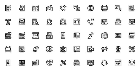 Contacts and communication icon set. Vector illustration. Includes contact book, live chat, walkie talkie, email, videocall, satellite, wifi, telephone, webcam and more. Editable stroke.