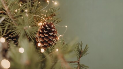 Pine cone on a christmas tree branch with lights and a green background with copy space