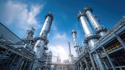 Obraz premium Clean processing area in petrochemical complex showing multiple tall distillation towers