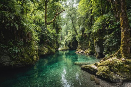 Tranquil emerald river winding through lush forest canyon