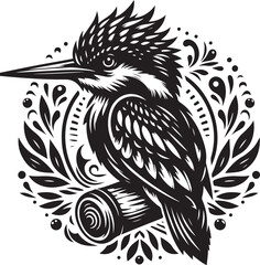 Stylized Black and White Kingfisher Bird Illustration