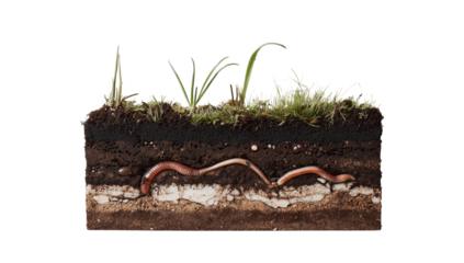 Soil Cross Section with Earthworms and Grass Roots on Transparent Background