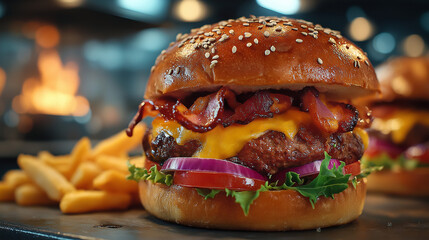 Delicious gourmet burger with bacon, cheese, and fries for a tasty meal