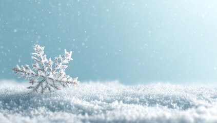 A large, ornate snowflake rests on a pristine, snow-covered surface against a softly blurred, light-blue, snowy background