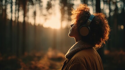Woman with headphones looking up, sunlight through trees in forest. Use it to show peace, well-being, meditation, nature, or listening.